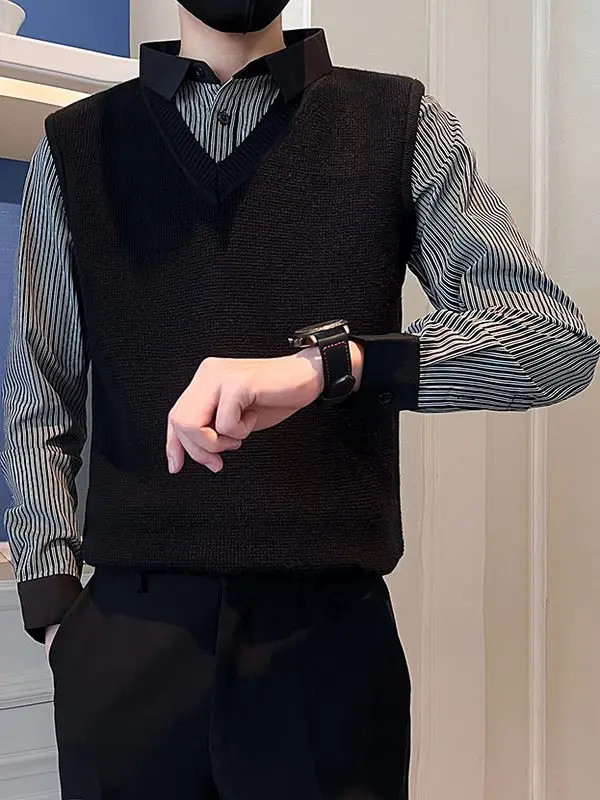 

Мужской осенне-зимний комплект: полосатая вязаная кофта и свитер из полиэстера, повседневный стиль, длинный рукав, стандартный крой, для ежедневной носки