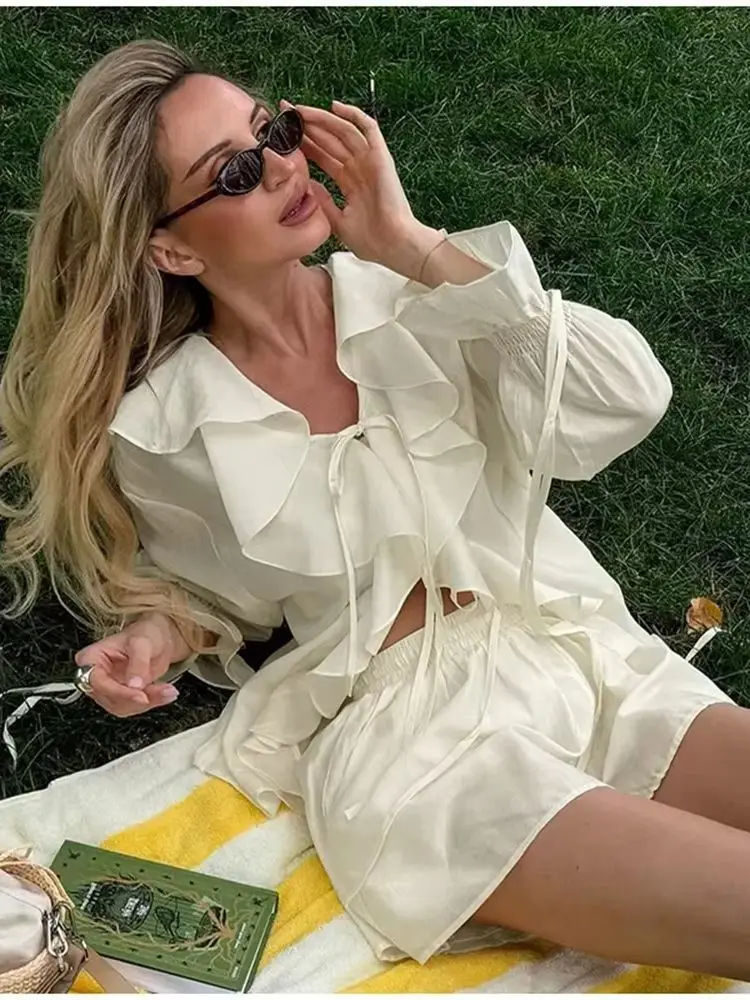 

Women's Summer Casual V Neck Ruffle Lace Up Chiffon Top & Shorts Set Long Sleeve Loose Solid Outfit Holiday Fashion