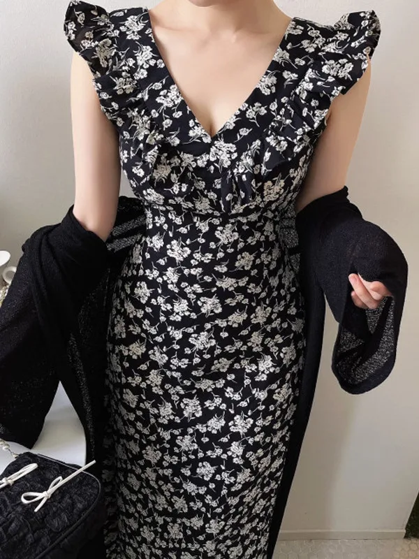 Ele Floral Print Long Dr Damen Sommer 2025, New Sle V-Ne Svel Waist-Cinched Ladylike Maxi Dr