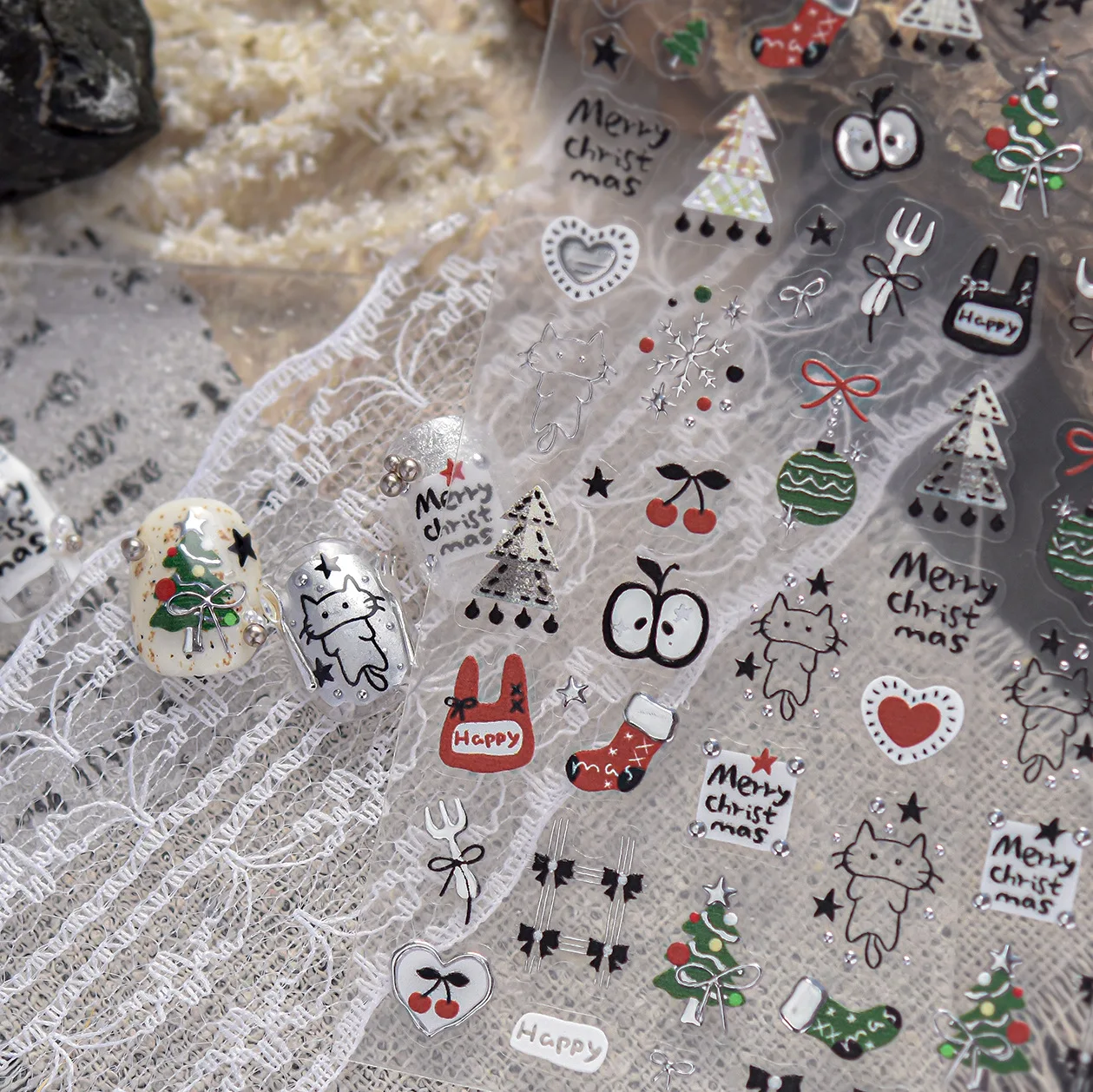 Cute Winter 5D Nail Art Stickers Graffiti Christmas Tree Sock Ball Fruit Slice Kitten Bunny Bow Heart Snowflake Nail Decoration