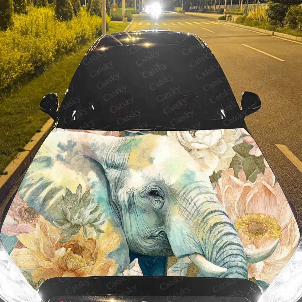 Elegant Elephant Floral Car Hood Sticker,Waterproof Self-Adhesive Vinyl Graphics Decals,Decorative Auto Accessories Stickers