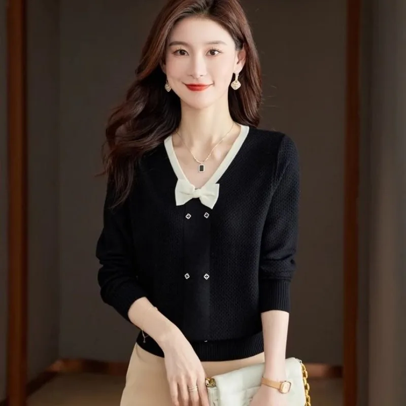 Sweater wanita lengan panjang, baju Sweater lengan panjang leher O, tren warna Solid, pita ramping model Korea musim gugur dan musim dingin