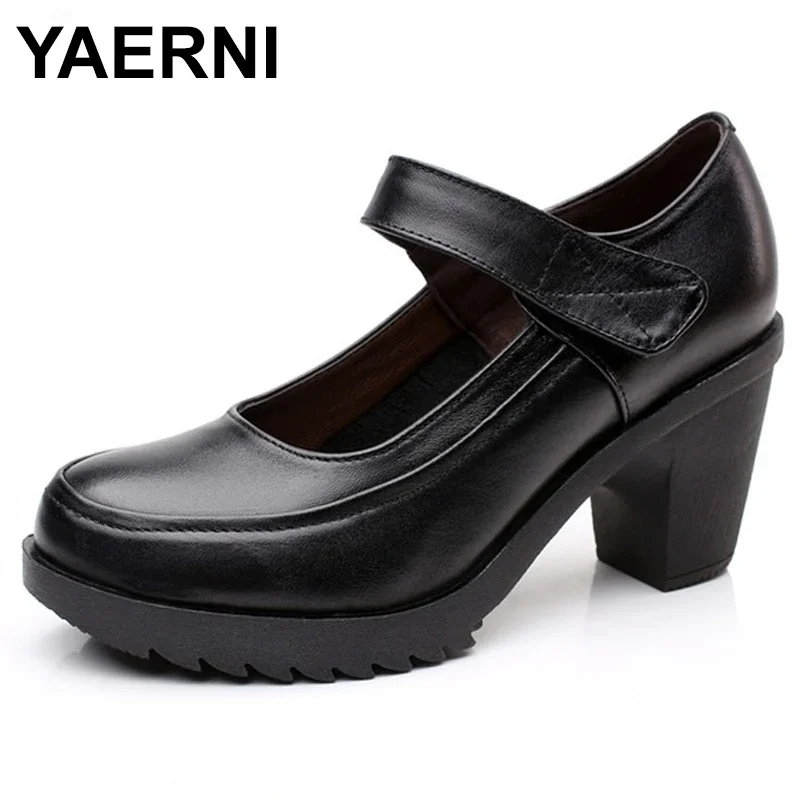 YAERNIGenuine leather women pumps female strap shallow mouth women\'s casual shoes black work shoes high heelsE456