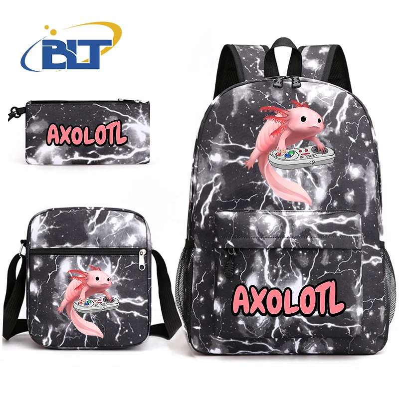 Cute Axolotl Impresso School Bag Set para Crianças, Mochila Casual, Bolsa de Ombro, Lápis, Presente Estudante, Conjunto de 3 Peças