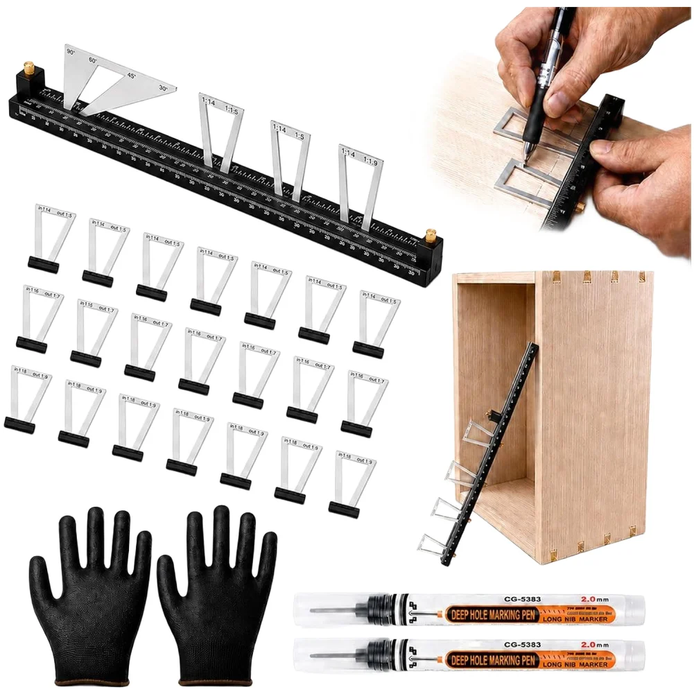28Pc Wood Joint Marking Guide Set Adjustable Woodworking Line Drawing Tool Kit Carpenter Scribing Ruler For Furniture Making DIY