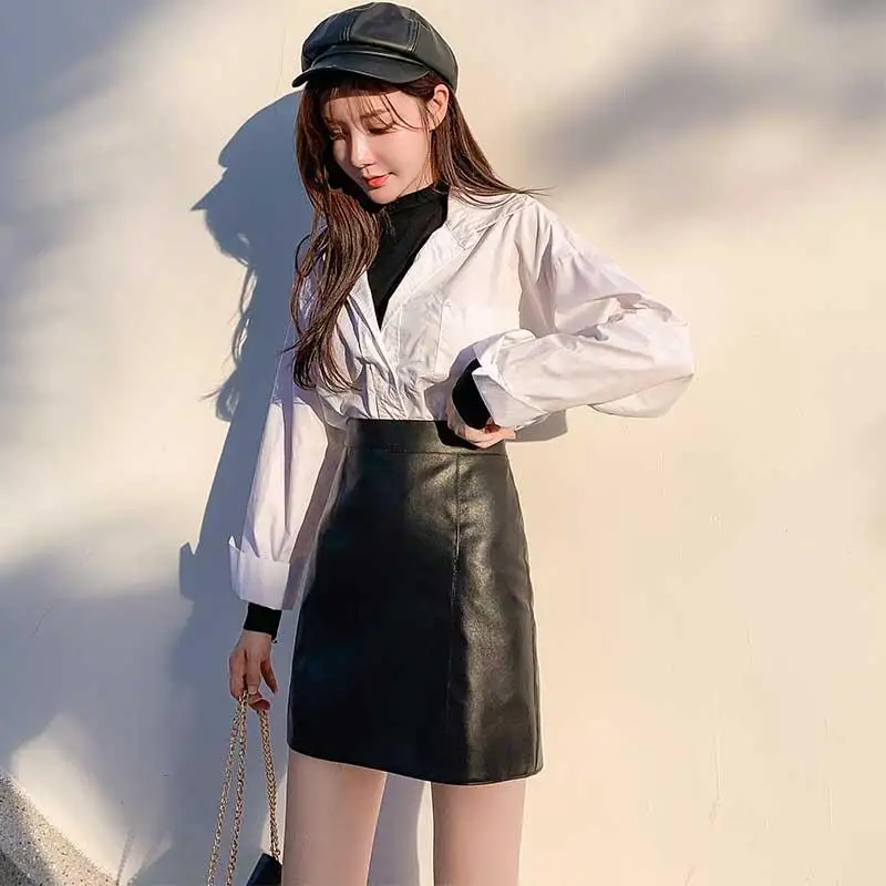 2024 Trend A-line Leather Half Skirt for Women Autumn and Winter Elegant High Waist Hip Wrapping Leather Short Skirt for Women