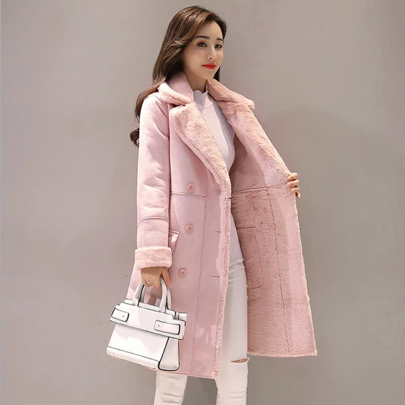 

2023 New Light Pink Lamb Fur Long Coat Women Winter Korean Style Thicken Cashmere Long Sleeve Loose Fashion Tide Woolen Outwear