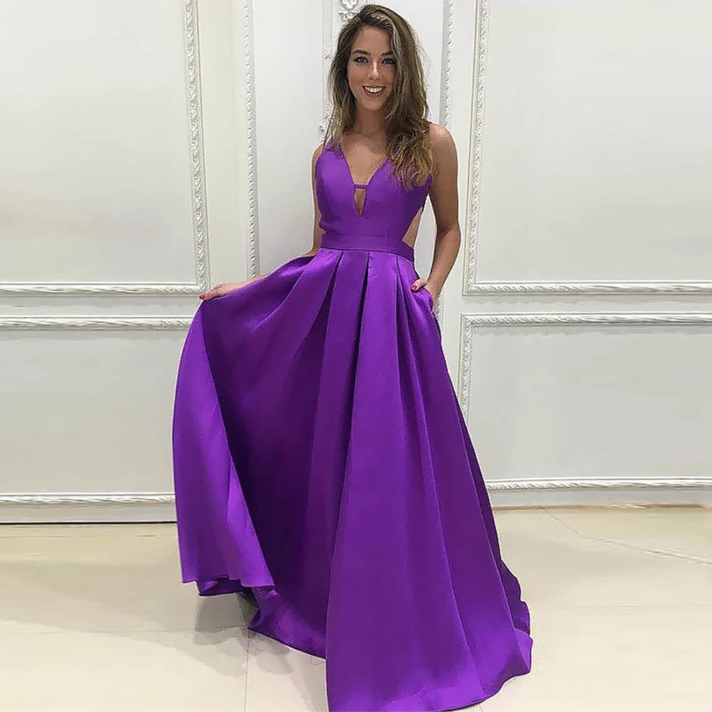 

Purple Satin A-Line Evening Dresses Sexy Deep V-neck Sleeveless Pleated Prom Gowns Simple Wedding Party Bridesmaid Dress 2023 De