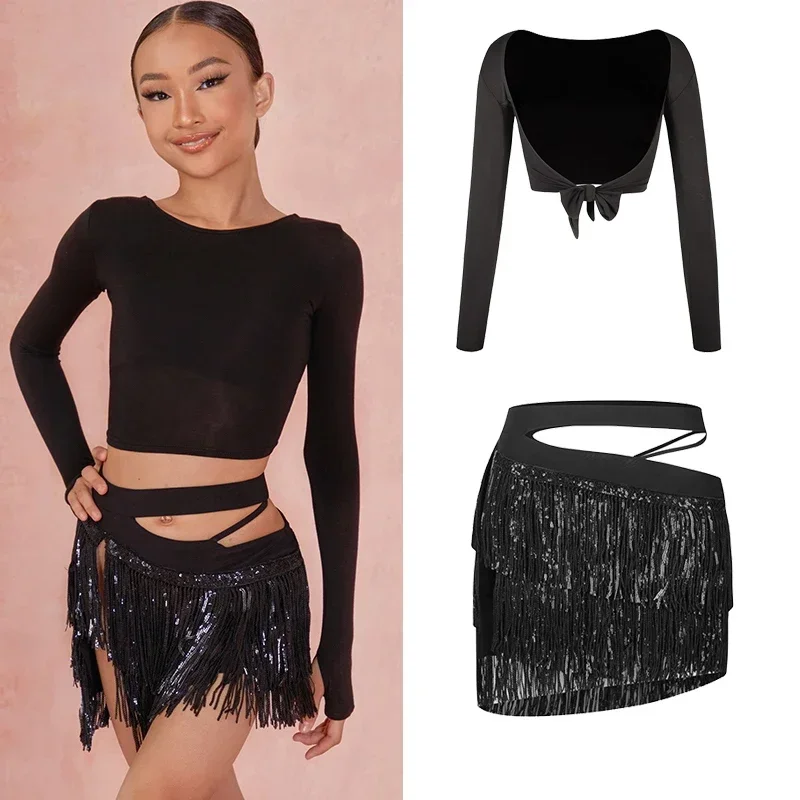 

Girl Cha Cha Samba Performance Pants Set Backless Latin Dance Suit Clothes Girls Short Sleeve Close-fitting Tops Fringe Skirt