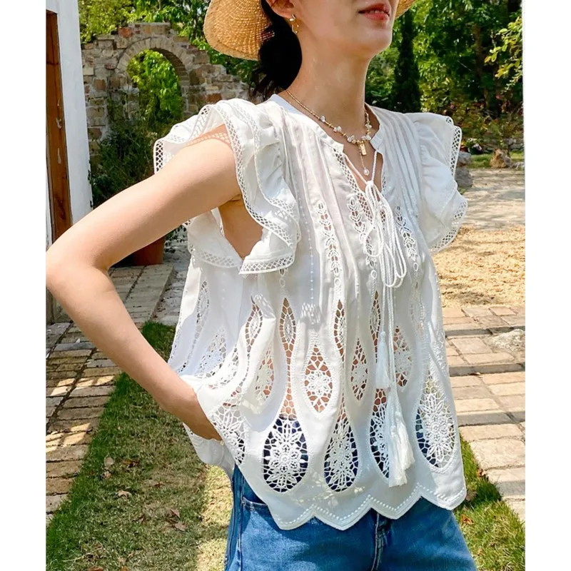 Johnature Summer 2025 Top da donna ricamati francesi in stile resort Camicie traspiranti con scollo a V comode e larghe con cut-out casual