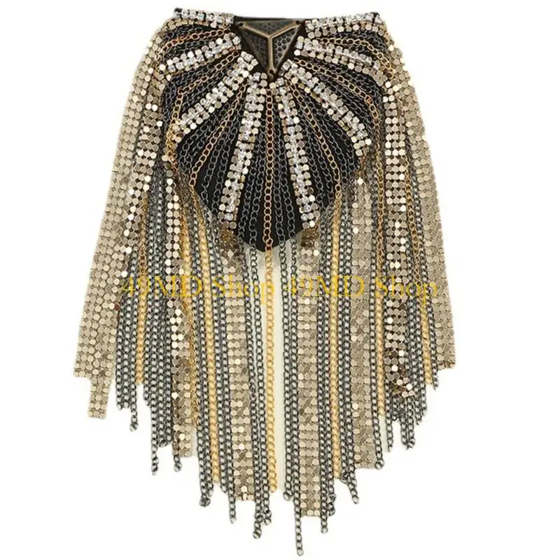49MD Performance Dress Accessories Metal Fringed Epaulettes Cloth Stickers for Women Hip-pop Metal Fringed Epaulettes
