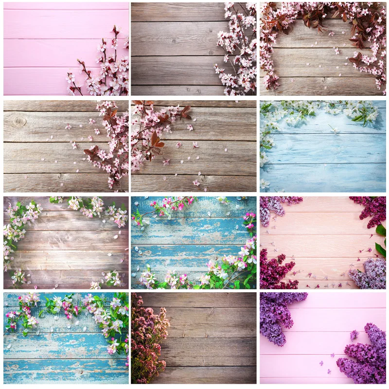 

Art Fabric Flowering Branch On Wooden Background Blossoming Wood Planks Photography Backdrops Photo Studio Props YXX-7