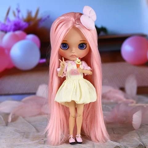 Кукла Blyth BJD 1/6 30 см с матовым лицом и бантом, коричневая кожа — внешний вид товара