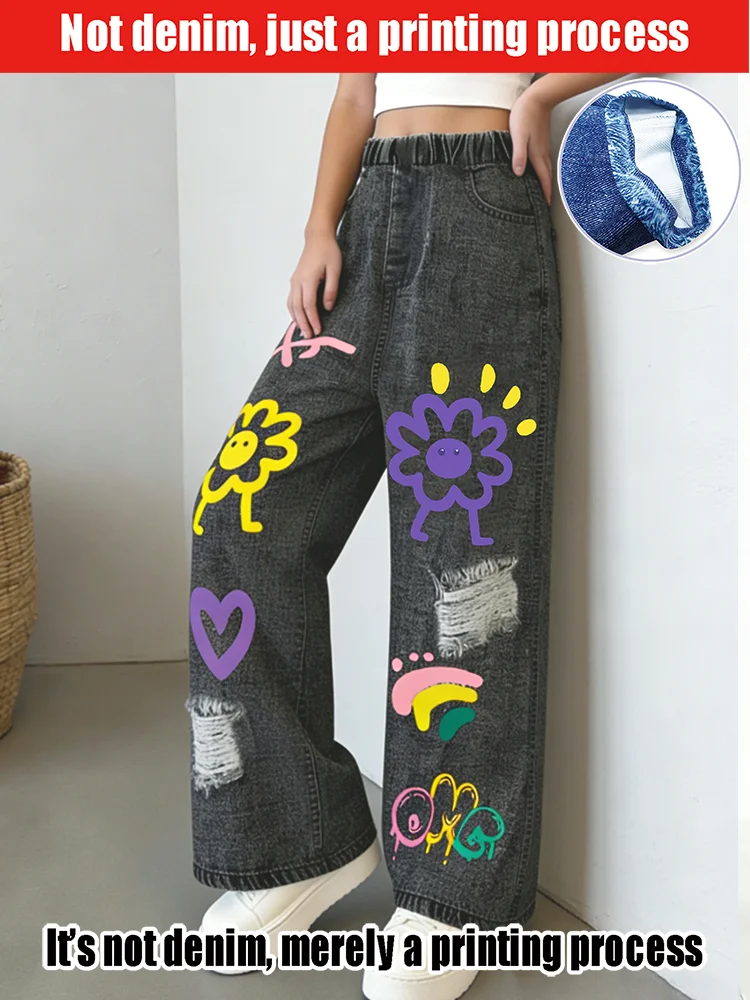 

2026 children's simulated denim printed wide-leg pants, graffiti flowers, hole design, loose wide legs