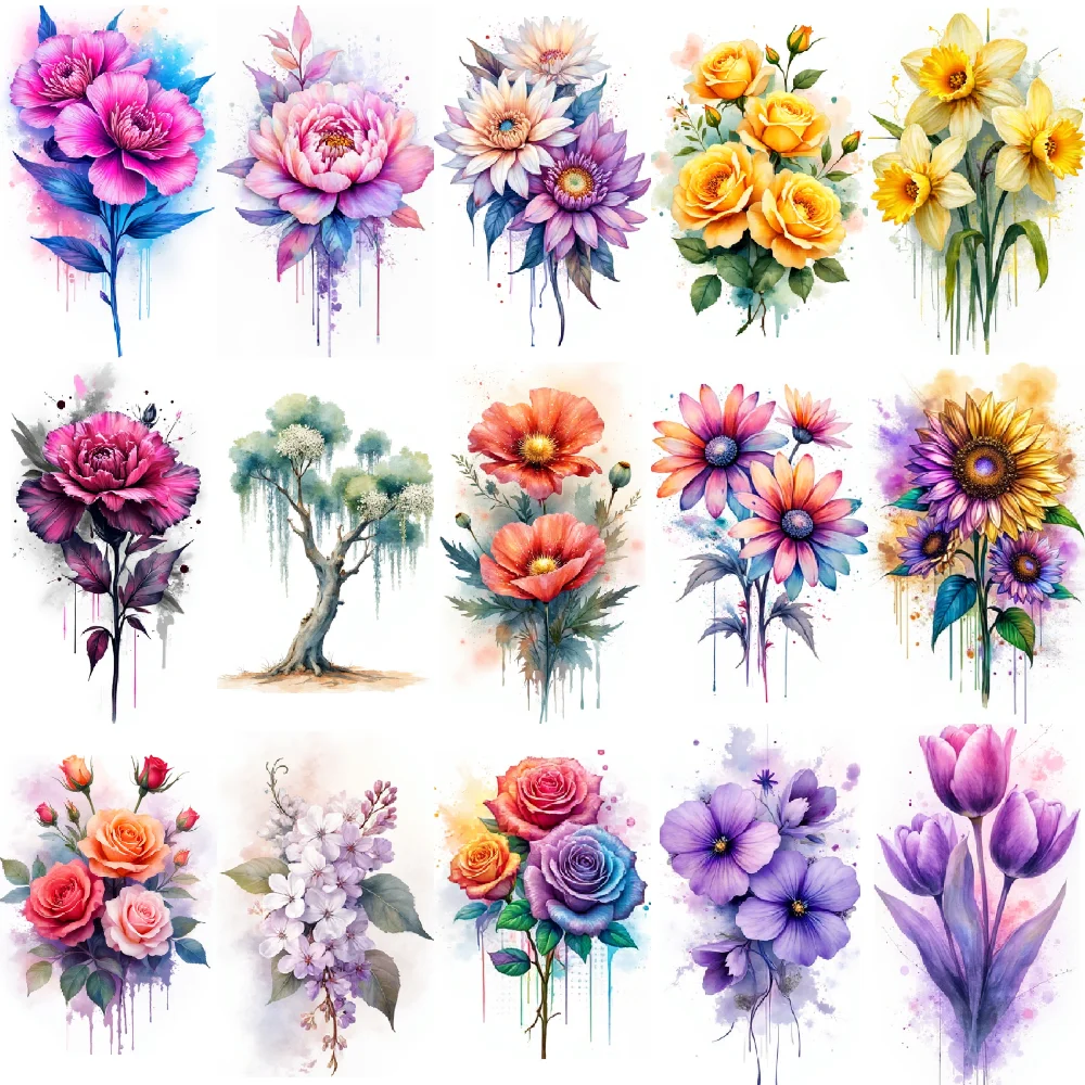9pcs Temporary Tattoo Purple Flowers Watercolor Daffodil Flowers Cherry Blossom Temporary Tattoo Stickers Peony Flower For
