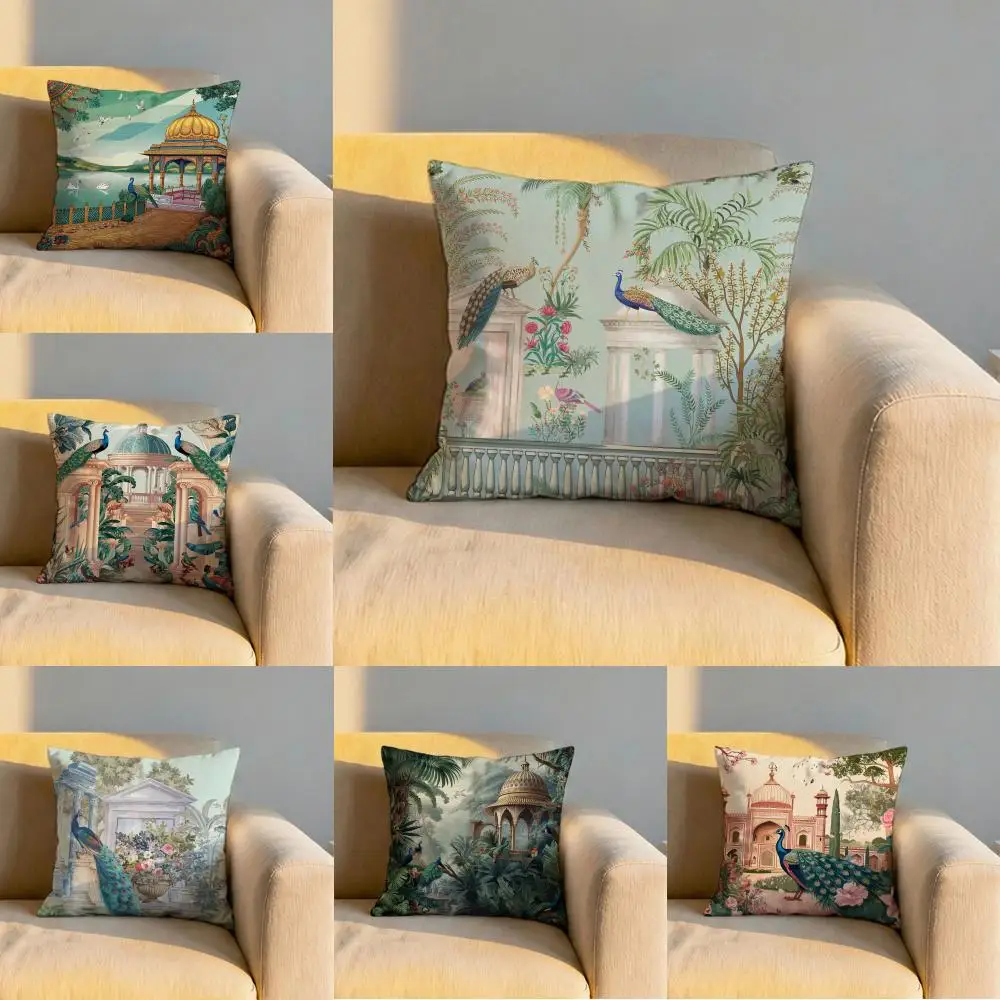 Mughal Garden with Peacock Cushion Cover Soft Reversible & Durable Pillow Cover – Multi-Scene Use for Home & Car Daily Comfort
