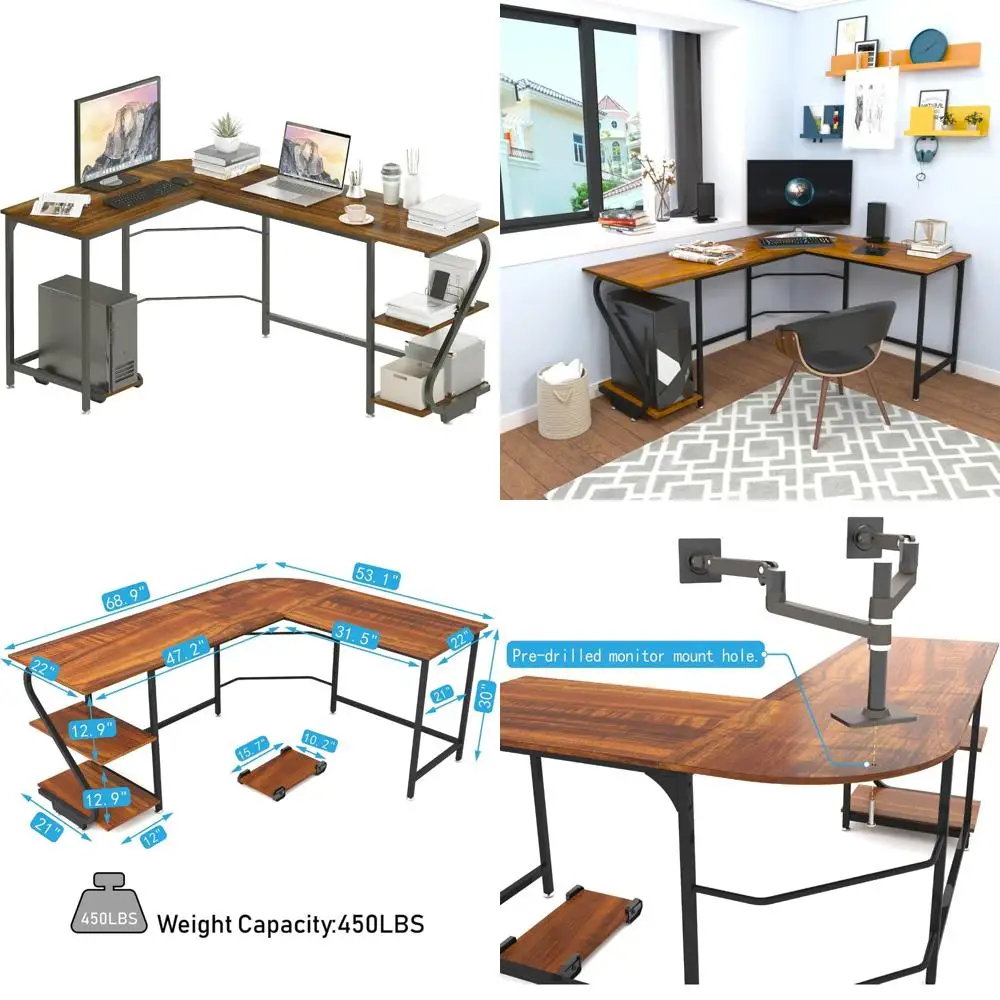 

Reversible L-Shaped Desk with Shelves: Large Corner Gaming and Home Office Computer Desk, Wooden Writing Workstation