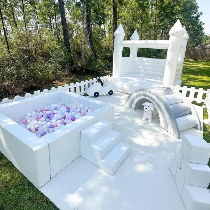 Non-toxic Soft Play White Package  Rectangular Ball Pit with Slide Block Soft Play Rocker for Birthday Party Rental