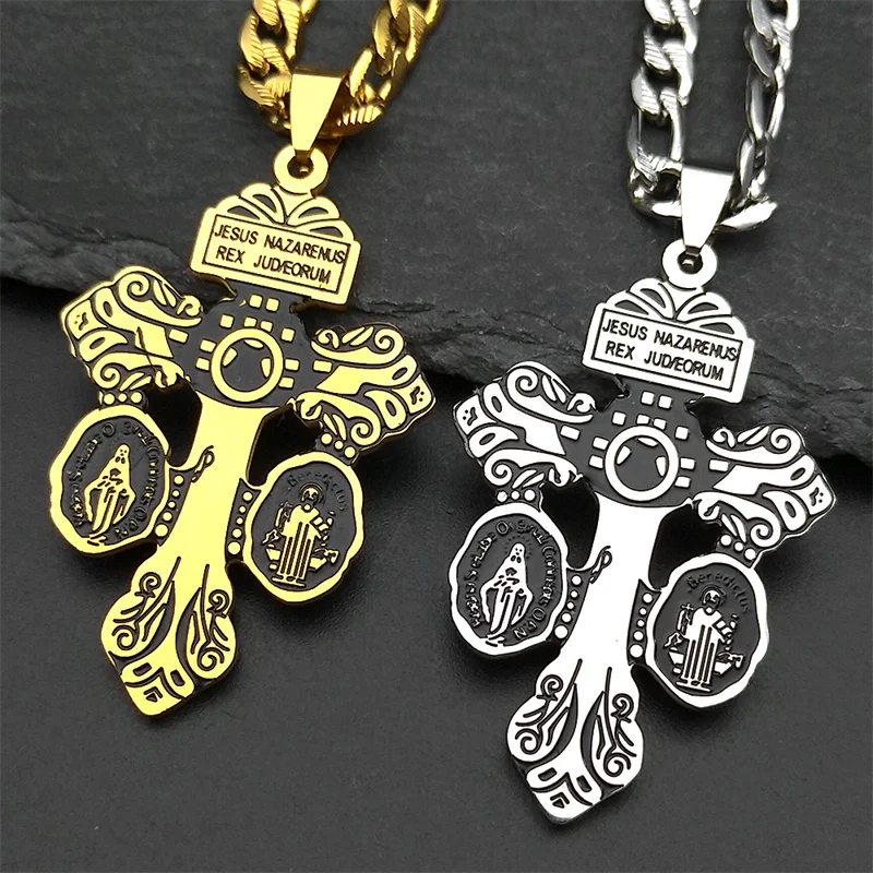 قلادة على شكل صليب يسوع للرجال والنساء من الفولاذ المقاوم للصدأ مطلية بالذهب كاثوليكية سانت بنديكت مريم العذراء مجوهرات تميمة الإيمان #5