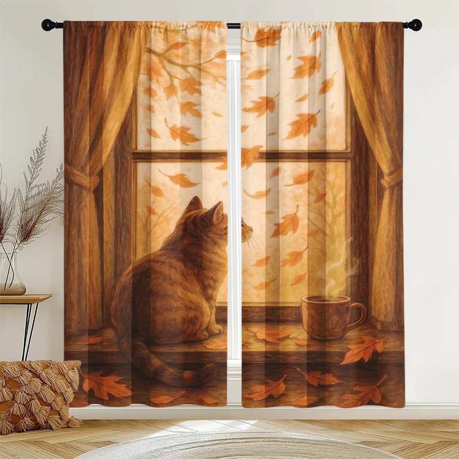 2PCS Digital Print Curtain, Cat Looking Out Window Autumn Leaves, Cozy Fall Feline Seasonal Style for Living Room Bedroom Decor