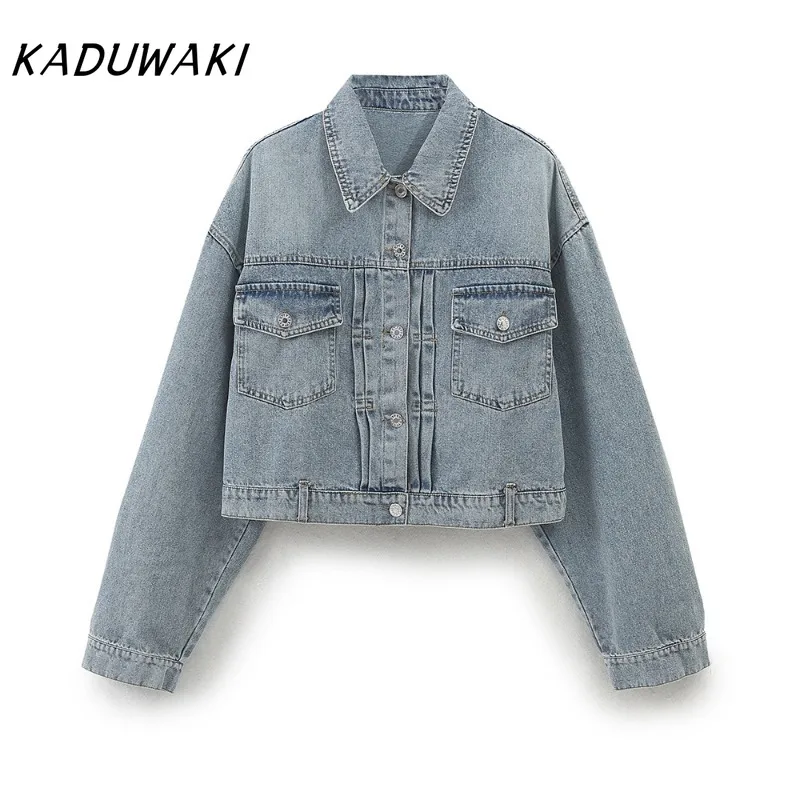 KADUWAKI Fashion Classic Lapel Long Sleeve Faux Denim Tops Casual Trend Pleated Single Breasted Pocket Denim Coat Пальто Женское