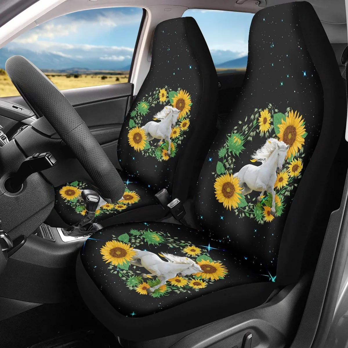 INSTANTARTS Sunflower and Horse Design Car Seat Protector 2 Packs Full Wrap Durable Car Seat Covers for Universal Car SUV Van