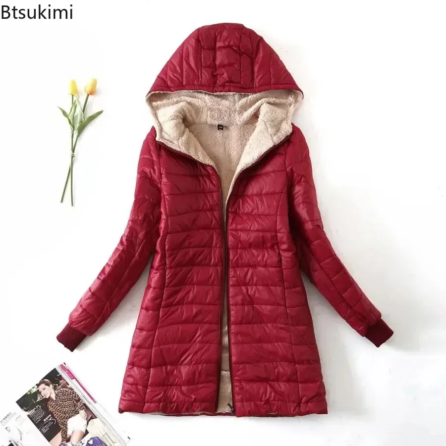 2025 Winter Mid-Length Hooded Cotton Jacket Women Autumn Lightweight Plush Lining Solid Ladies Parka Slim Female Zipper Outwear