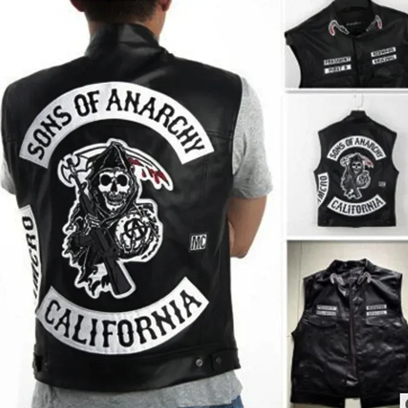 

Leather Vest Men Motorcycle Cosplay Costume Sleeveless Jacket Sons Of Anarchy Embroidery Rock Punk PU Vest V Neck