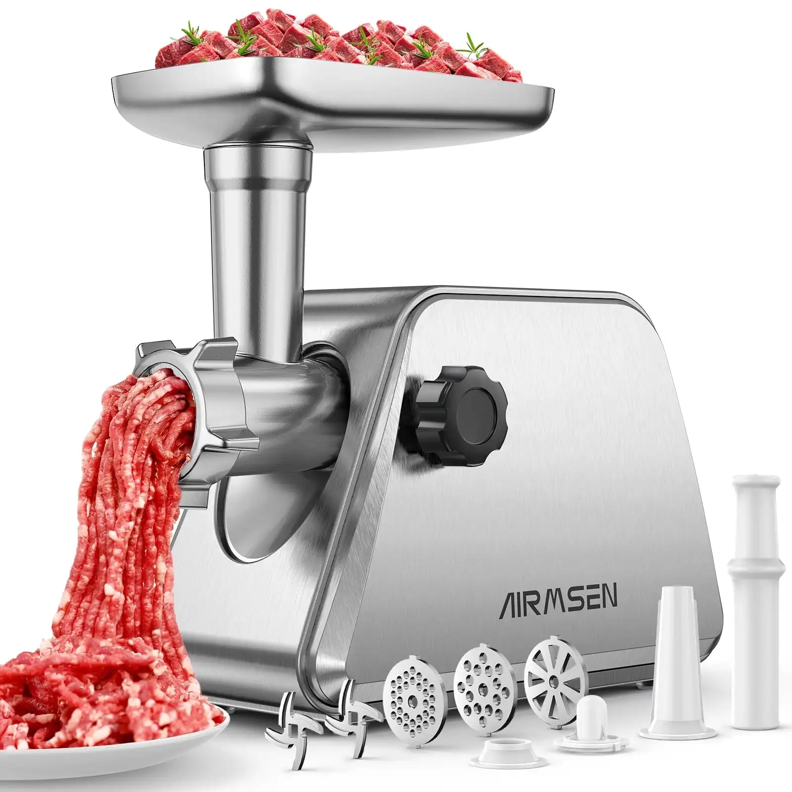 

Steel Meat Grinder, Electric 3 in 1 Meat Mincer with 2 Blades & 3 Plates, Sausage & Kubbe Maker Kit, Fixed Lock, Double Switch,