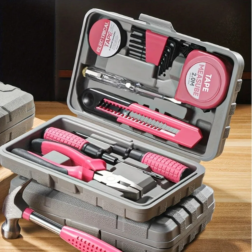 Ergonomic Pink/Yellow DIY Tool Kit Household Compact Hand Tool Kit Metal Toolbox Household Improvement