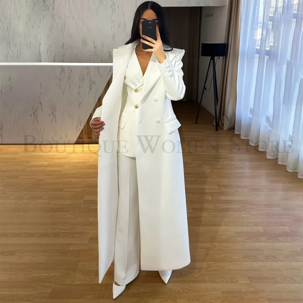 

Tailor-Made White Women's Suits High Qulity Topcoat With Jacket Pants Elegant Double Breasted 3 Piece OverCoat For Elegant Women
