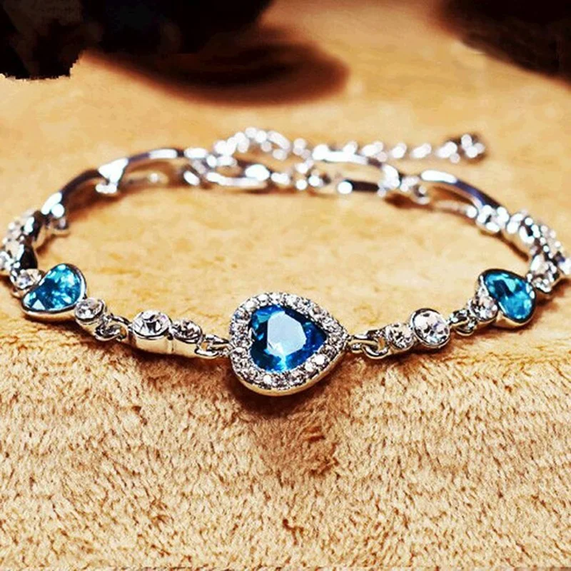 Hottest Womens Ladies Crystal Rhinestone Bangle Ocean Blue Bracelet Chain Heart Jewelry Party Gifts Peach Heart Bracelet