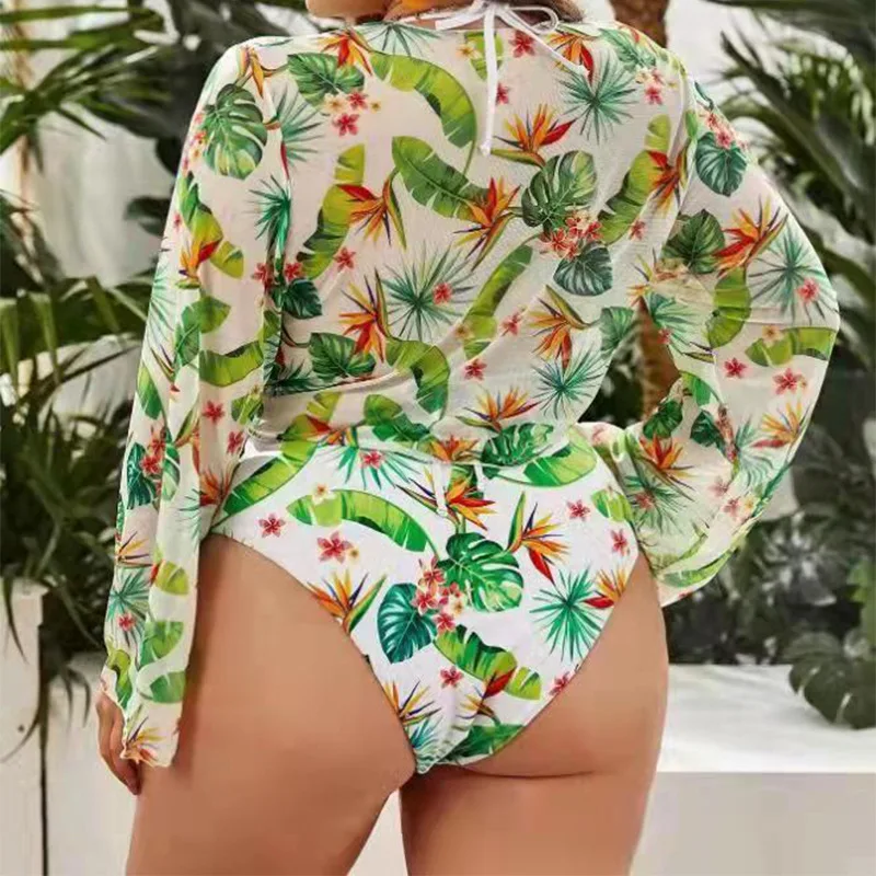 Nadrukowane Split Plus Size Bikini kobiety 3 sztuki plaża wysoki stan strój kąpielowy seksowne damskie stroje kąpielowe zestaw wiosna lato