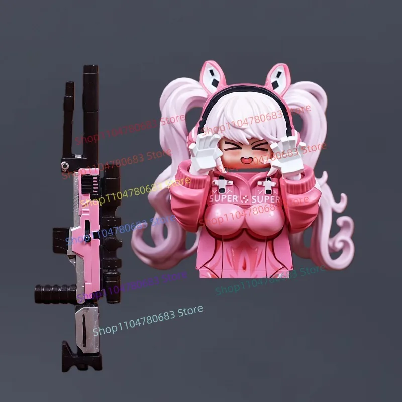 

MOC Building Block Kawaii Pink Girl Warrior Mini Figure Assembly Model Ornament Anime Cartoon Toy Decor Holiday Gift Collectible