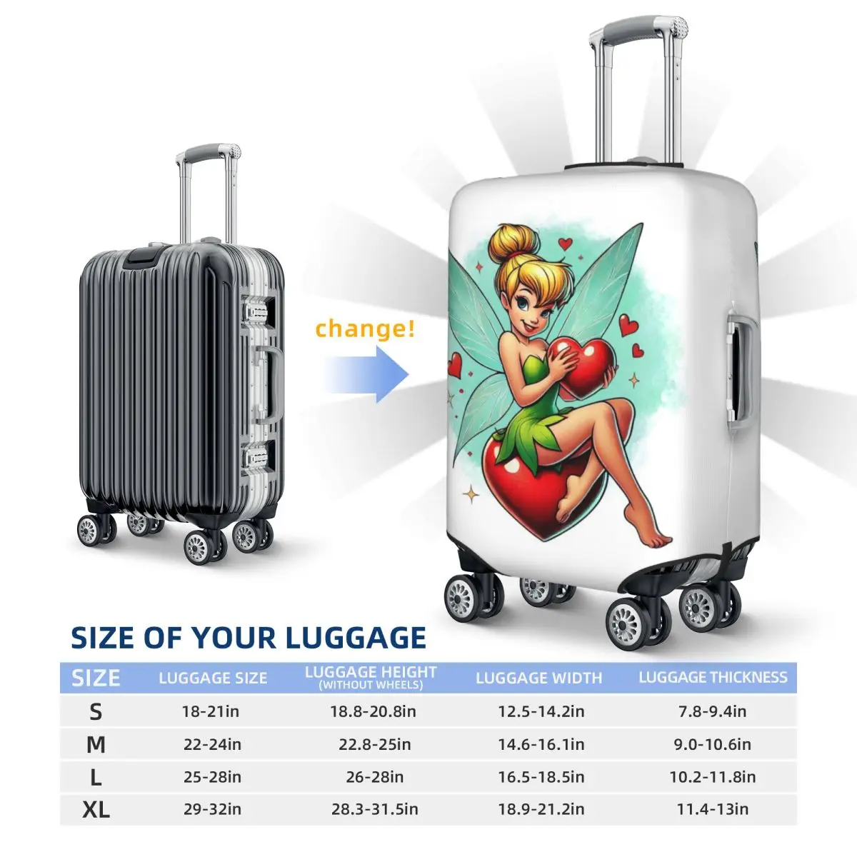 Capa de bagagem de viagem personalizada Tinker Bell Love lavável protetor de mala adequado para 18-32 polegadas