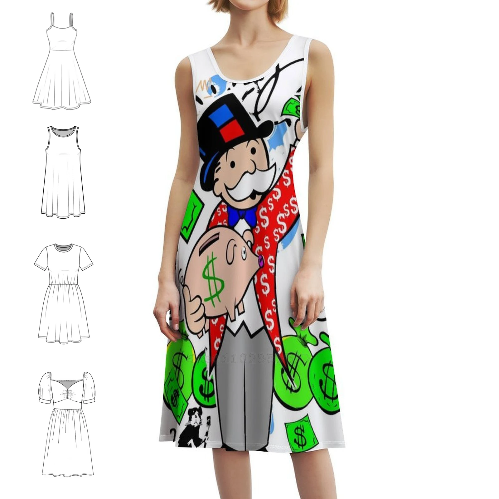 فستان حفلات أنيق للسيدات من Holding Piggy Bank فستان على شكل حرف a مع خيارات قصيرة/طويلة/بدون أكمام للرجال موضوع أموال الدولار سعيد #1