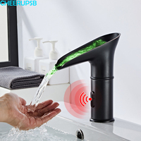 Touchless Faucet Bathroom LED Light Waterfall Copper Tap Basin Sink Deck Mount Infrared Motion Sensor Crane Battery Faucets Tap