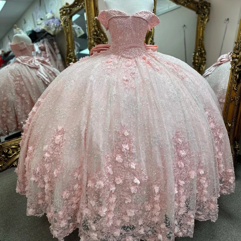 

Pink Shiny Quinceanera Dresses Off the Shoulder Applique Lace Beads Ball Gown Birthday Party Dress Lace Up Graduation Gown