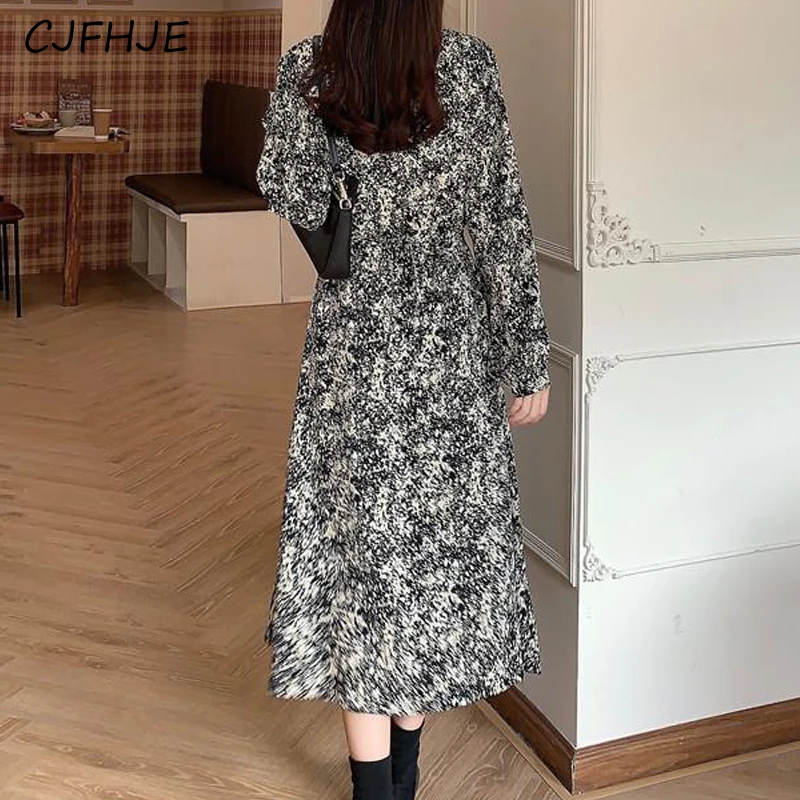 CJFHJE Women's Clothing Korean Fashion Vintage Floral Print Midi Dress Elegant Lace Up V Neck Long Sleeve Dresses Party Vestidos