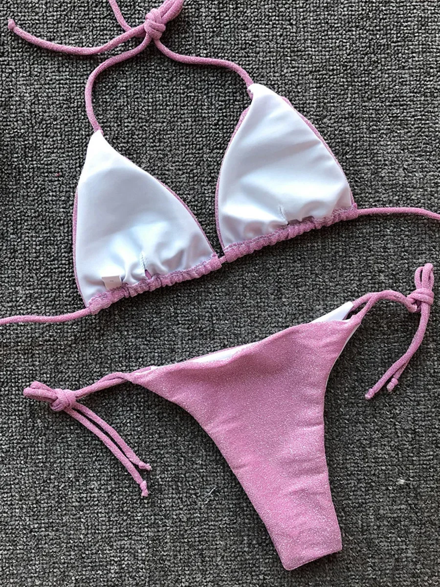 Sexy Micro Glanzende Bikini 2025 Bling Badpak Vrouwen Bandeau Badmode Vrouwelijke Twee stukken bikini set Braziliaanse Badpak Push Up