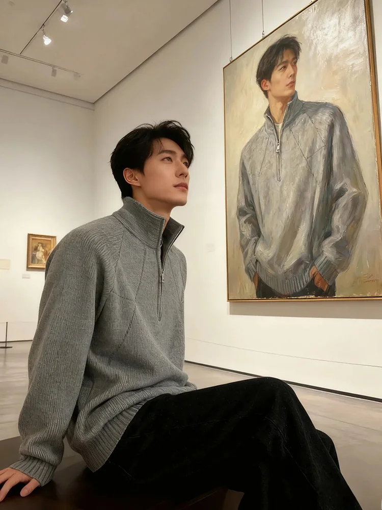 

Мужской свитер-поло на молнии из трикотажа для осени и зимы, плотный, с воротником-стойкой, базовый слой, мягкий, удобный, повседневный, с длинным рукавом