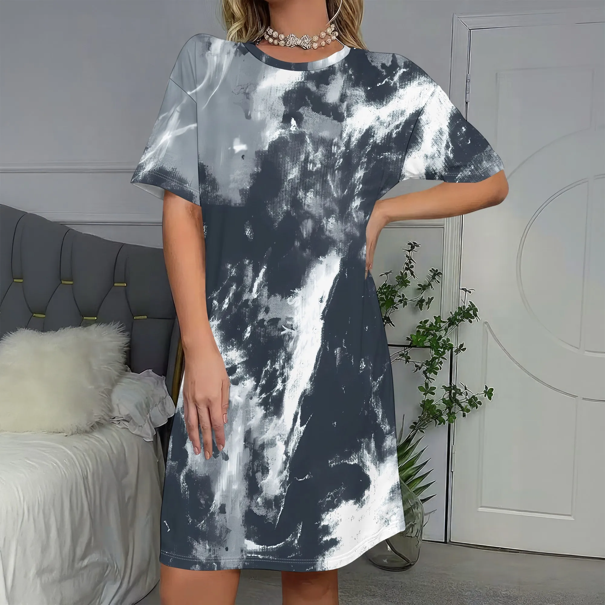 

Abstract Print, Short Sleeve Dress, Tie Dye Style, Loose Fit T-Shirt Dress, Casual Summer Wear, Beach Vacation Outfit, S-2XL