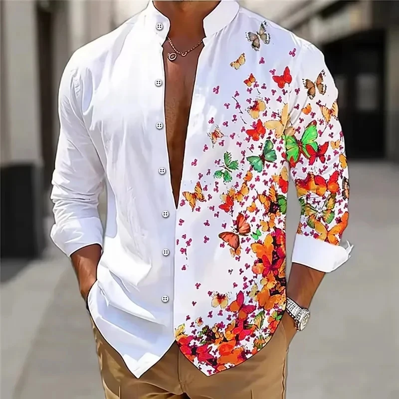 Men's 3D Butterfly Printed Shirt, Daily Casual and Comfortable Long-Sleeved Shirt, Linen White Shirt, XS-6XL, Fast Delivery
