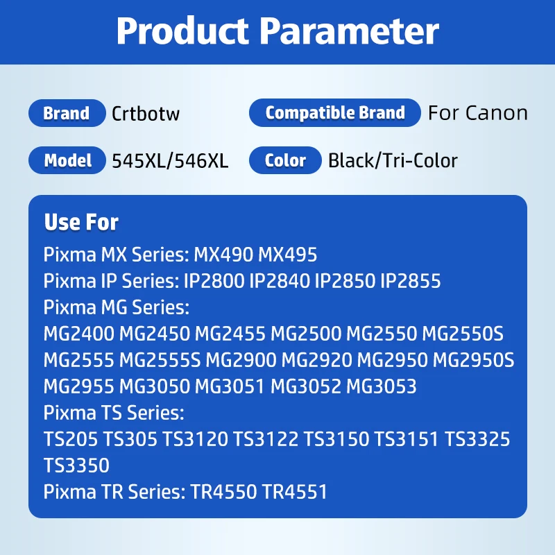 CRTBOTW 545 546 XL replacement For Canon Pixma MG2550 MG2555 MG2950 MG3050 MX495 MX490 TS3350 TS3150 TS3355 TR4550 PG545 CL546