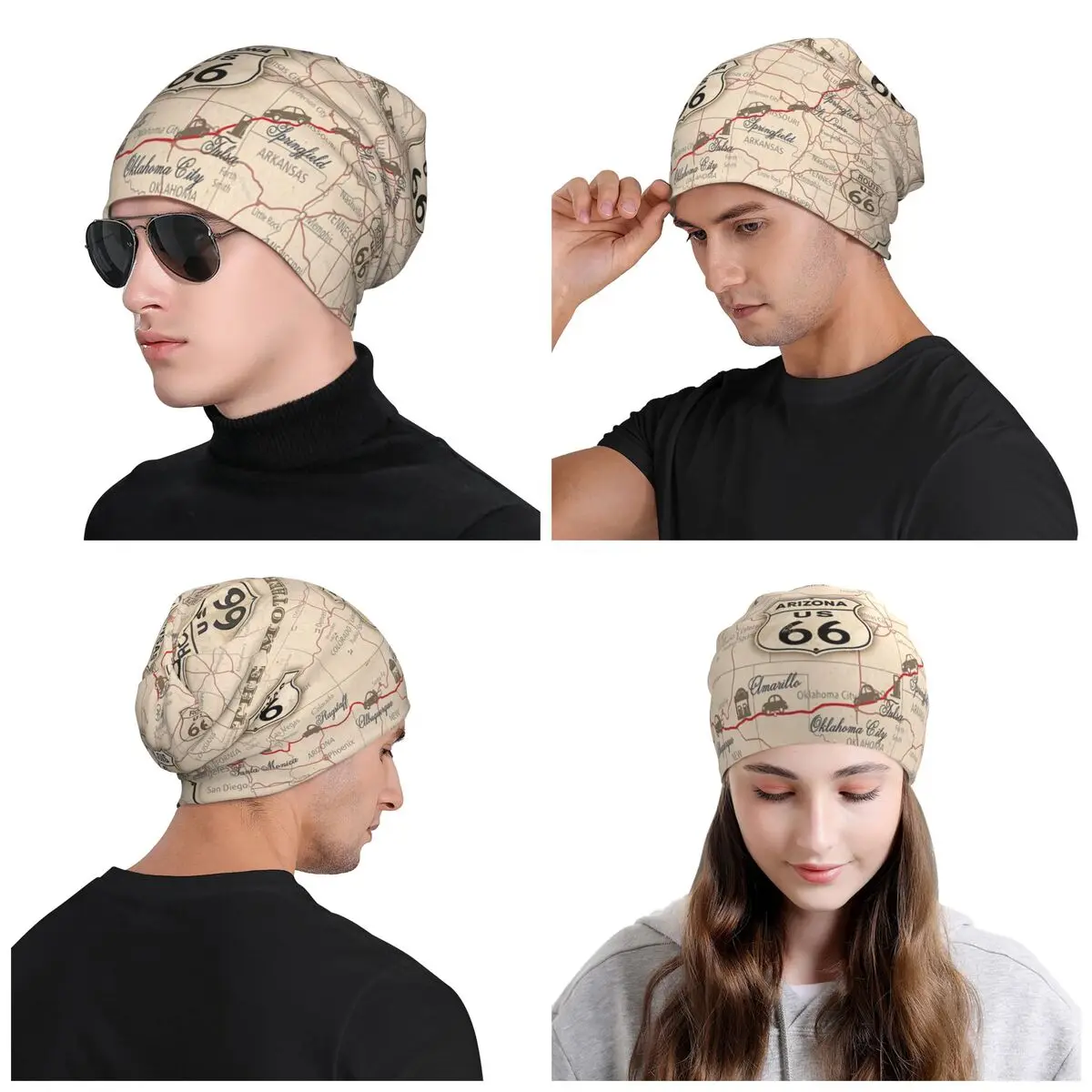 Vintage American Map Route 66 Pattern Bonnet Hats Fashion Knit Hat For Men Women Warm Winter USA Highways Skullies Beanies Caps