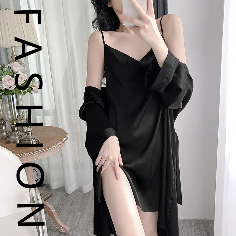 

Пижамы женские весенне-осенние, тонкая ночная рубашка из ледяного шелка с длинными рукавами, летняя сексуальная ночная рубашка из чистого желания с распашным воротником и открытой подвеской