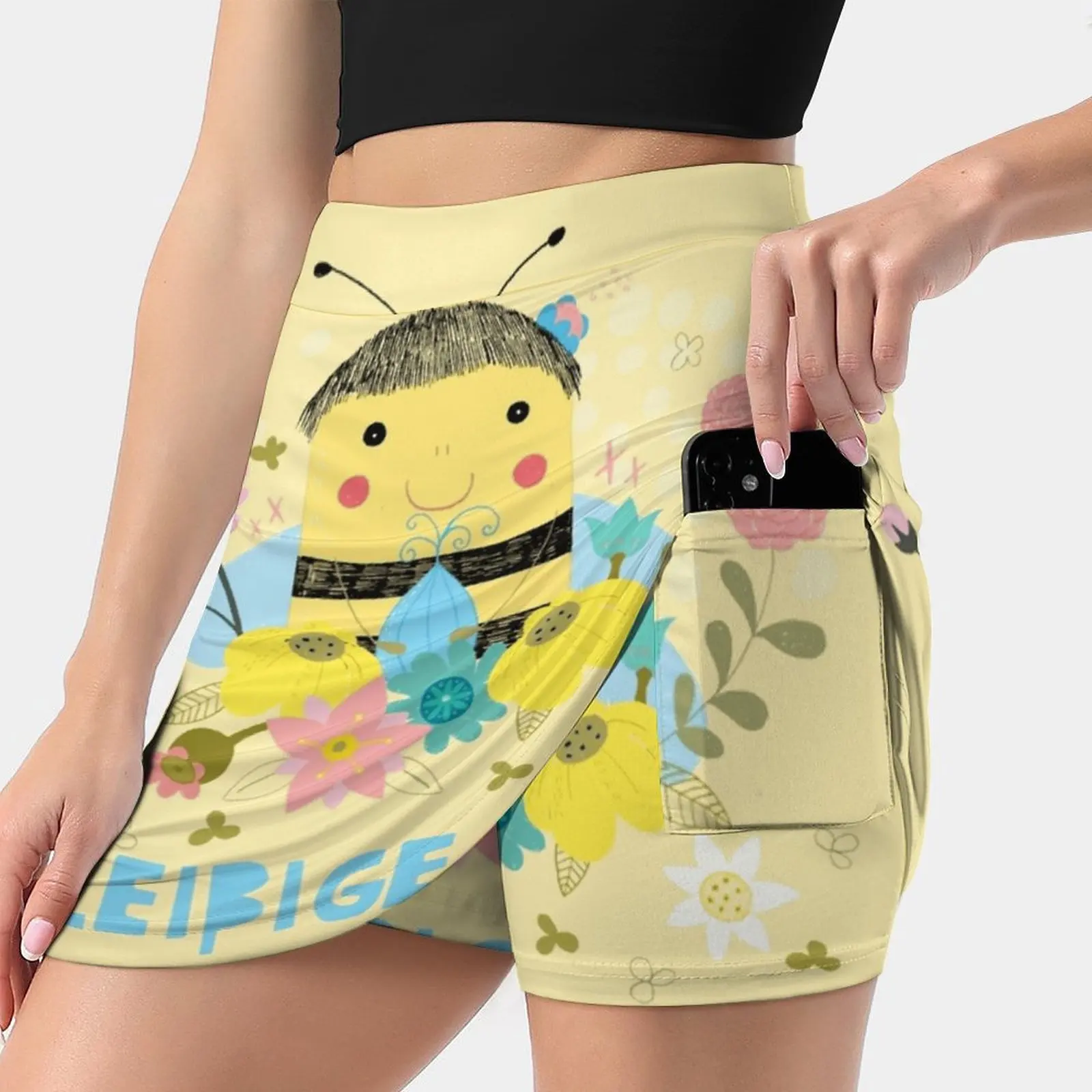 ¿Flei? Ige Biene nuevas faldas de mujer Vestido corto estampado de doble capa Mini falda deportiva abeja ocupada insecto negro amarillo Animal flor