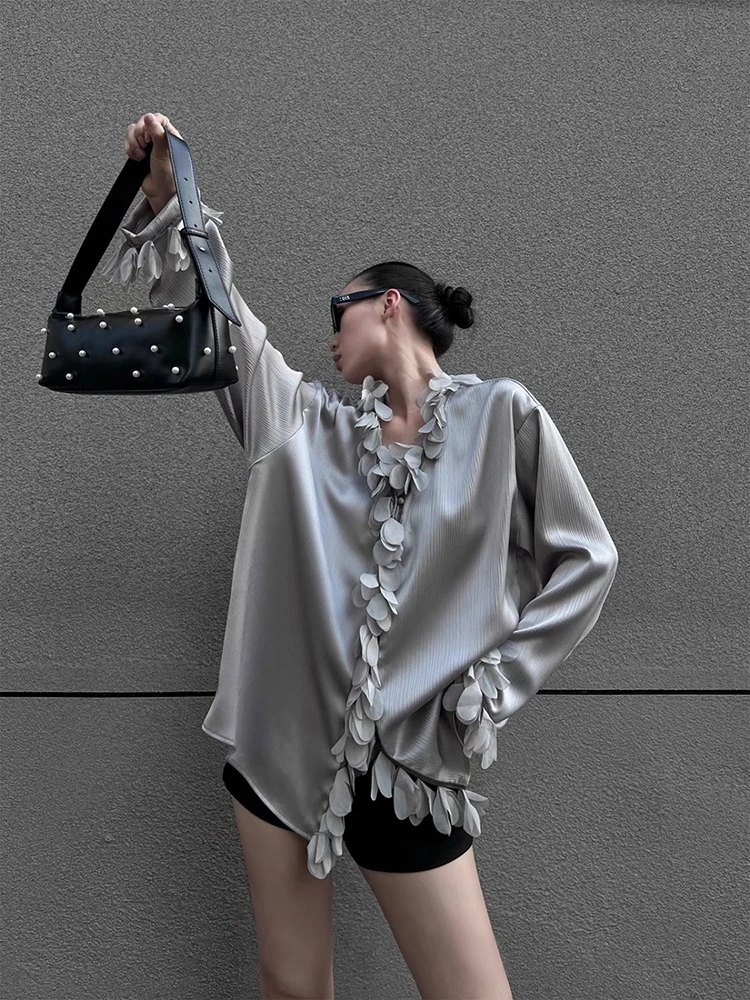 Women V Neck Shirt French Fashion 3D Petal Patchwork Elegant Long Sleeve Blouse Solid Office Lady Loose Chic Aesthetic New Tops