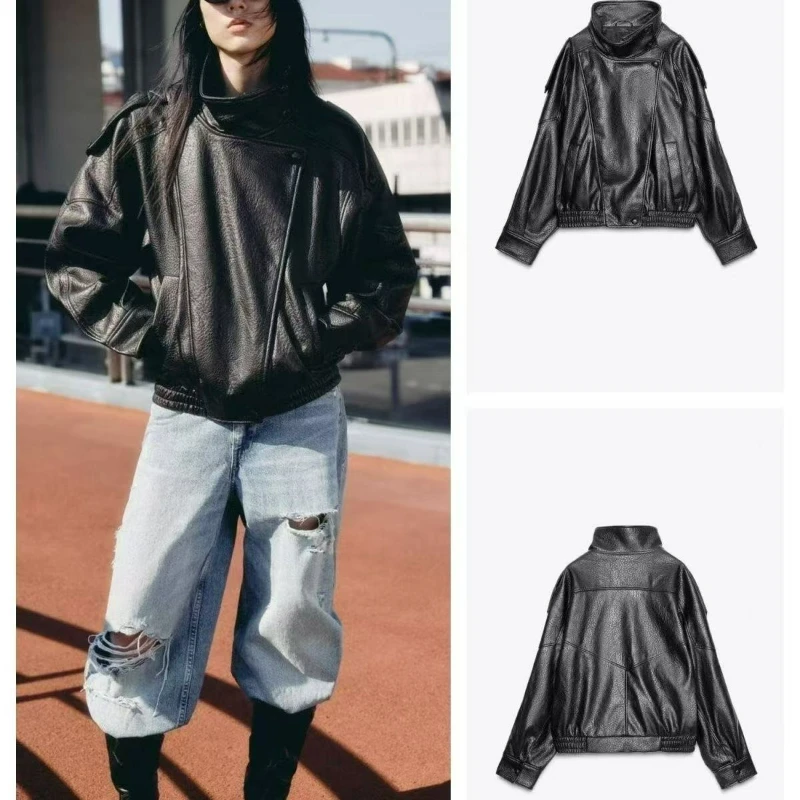 2026 Autunno/Inverno nuovo stile britannico abbigliamento donna alla moda giacca da motociclista cappotti corti con cerniera in pelle Pu versatile alla moda