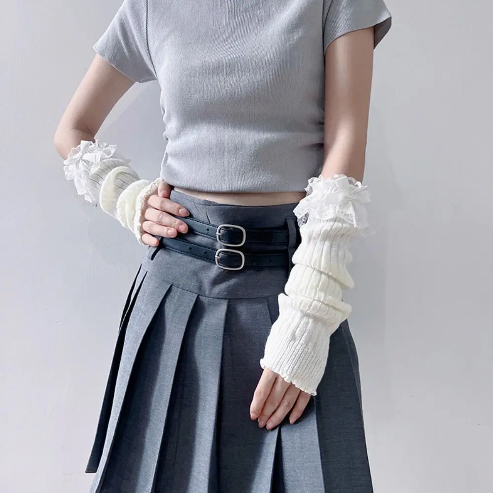 لطيف بلون القوس قفازات محبوكة القوطية Y2k الصوف كم الكفة اليد كم الدفء مدفئات للذراع الشتاء